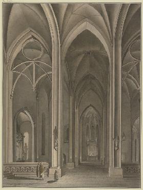 Blick in die Seitenkapelle einer gotischen Kirche, in Abendbeleuchtung; im Vordergrund ein Chorknabe