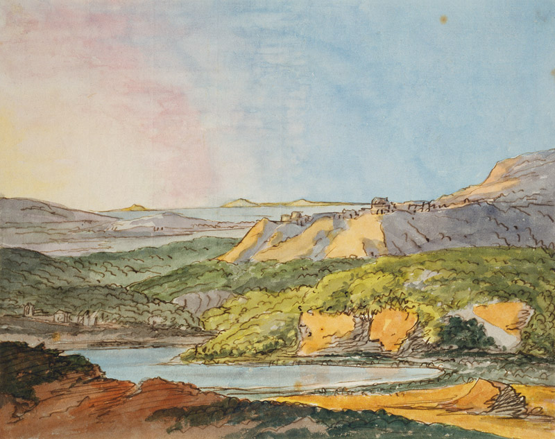Südliche Landschaft am Meer mit bewaldeten Hügeln und einem Gewässer im Vordergrund à Johann Wolfgang von Goethe