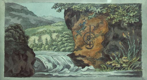 Berglandschaft mit Stromschnelle und Initialen der Empfaengerin des Stammbuches à Johann Wolfgang von Goethe