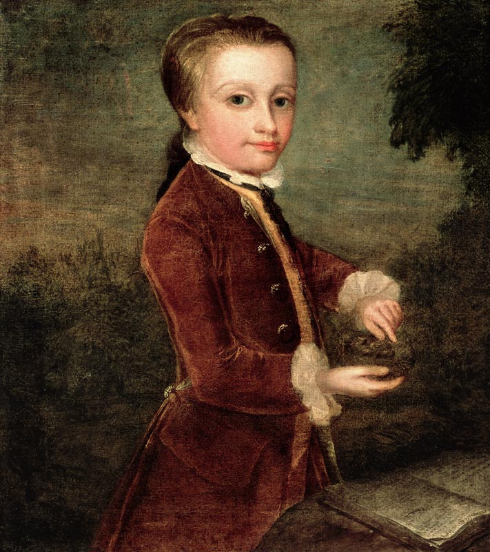 Portrait of Wolfgang Amadeus Mozart (1756-91) aged eight, holding a bird's nest à Johann Zoffany