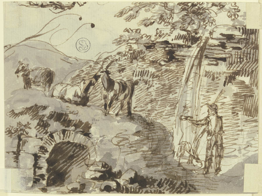Ein Hirte mit drei Ziegen, Wassser schöpfend à Johann Andreas Herrlein