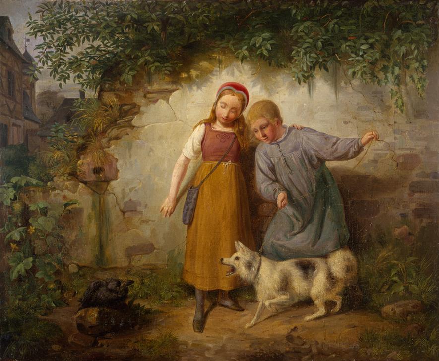 Zwei Kinder mit einem Spitz à Johann Baptist Zwecker