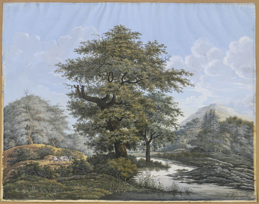 Baumreiche Landschaft, in der Mitte eine Eiche am Ufer eines Flusses à Johann David Passavant
