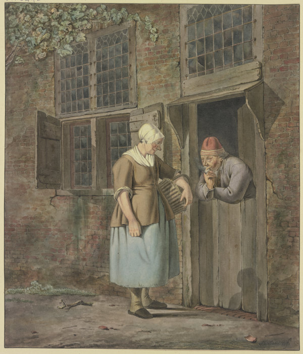 An einer Haustür spricht ein rauchender Mann mit einer Frau, die einen Korb trägt à Johannes Christiaan Janson
