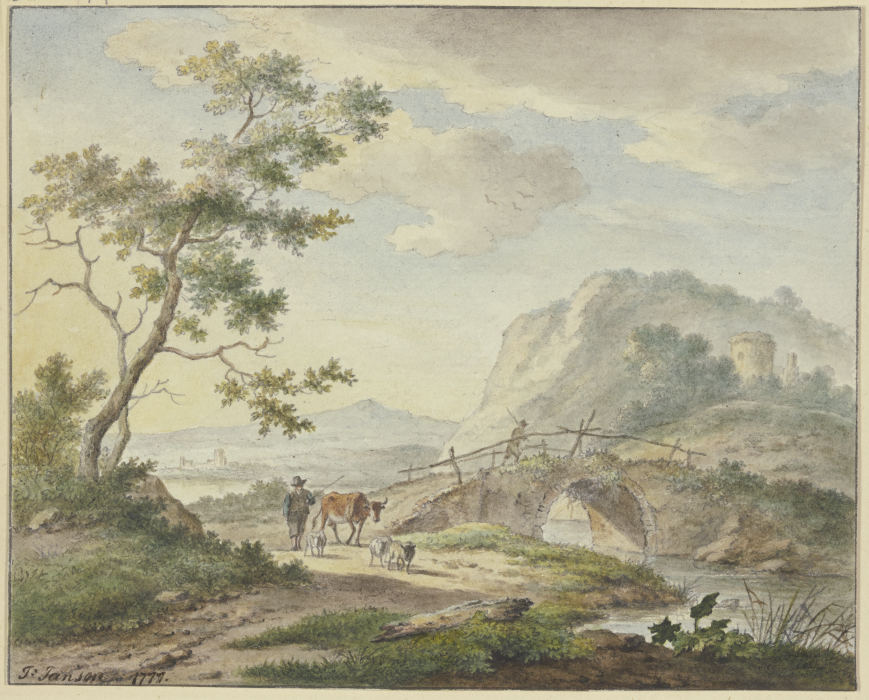 Über eine steinerne Brücke geht ein Mann, auf dem Weg ein Bauer mit einer Kuh und Schafen à Johannes Christiaan Janson