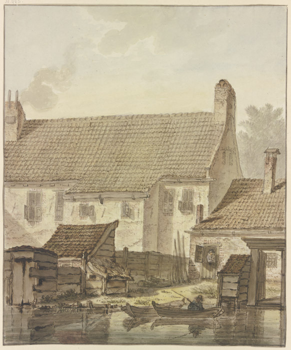 Häuserzeile am Wasser, vorne zwei Kähne mit einem Angler à Johannes Hendrik Knoop