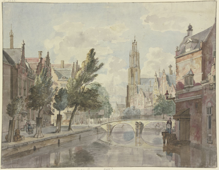 Steinbrücke über einen Kanal, im Hintergrund eine Kathedrale, rechts am Haus eine Laterne à Johannes Huibert Prins
