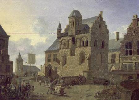 Town square with figures and peasants trading in a market place (panel) à Johannes Huibert Prins