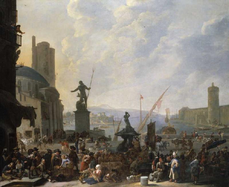 Ein Capriccio eines mediterranen Hafens mit zahlreichen Figuren, Berninis Triton-Brunnes und ein Cap à Johannes Lingelbach