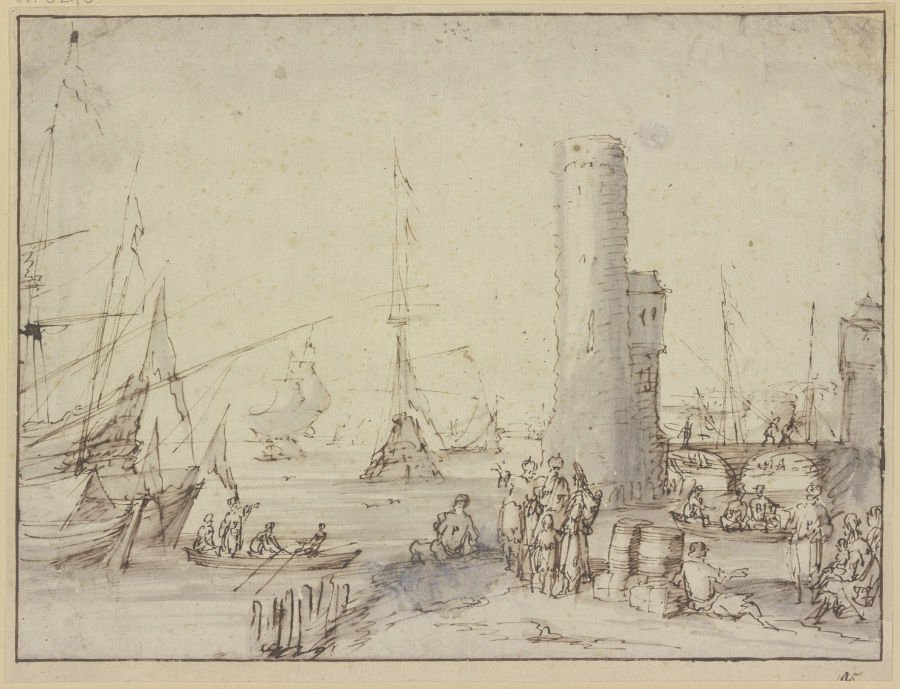 Ein Hafen mit einem Leuchtturm, im Vordergrund figürliche Staffage, unter anderem eine Gruppe von zw à Johannes Lingelbach