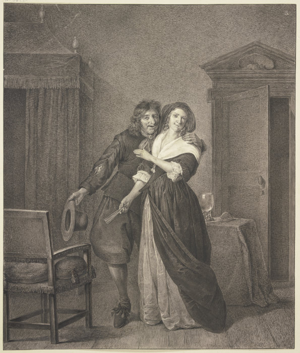 In einem Zimmer mit einem Betthimmel liebkost ein Mann eine junge Frau à Johannes Pieter de Frey