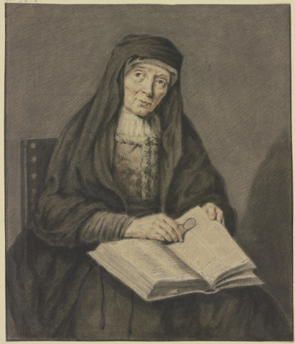 Sitzende alte Frau in einem Buch lesend, sie hält die Brille in der Hand, Kniestück à Johannes Pieter de Frey