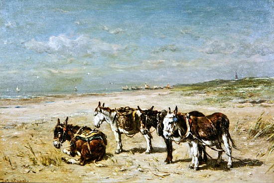 Donkeys on the Beach à Johannes Hubertus Leonardus de Haas
