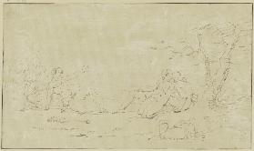 Antikische Szene mit fünf nackten Gestalten, links eine Kauernde, sich abwendende Frau, daneben ein 