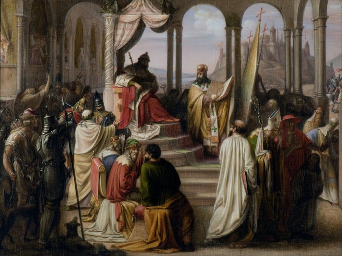 Prince Vladimir chooses a religion in 988 (A religious dispute in the Russian court) à Johann Leberecht Eggink