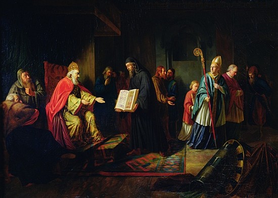 Vladimir Svyatoslavich the Great choosing the religion in 987 à Johann Leberecht Eggink