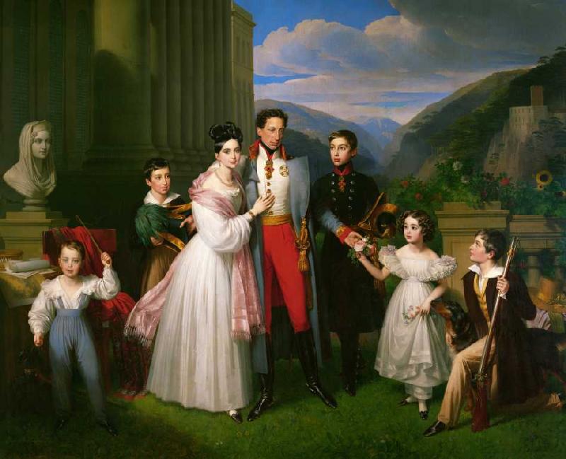 Erzherzog Karl mit Frau Henriette von Nassau-Weilburg und Kindern vor Schloss Weilburg in Baden nahe à Johann Nepomuk Ender