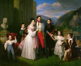 Erzherzog Karl mit Frau Henriette von Nassau-Weilburg und Kindern vor Schloss Weilburg in Baden nahe