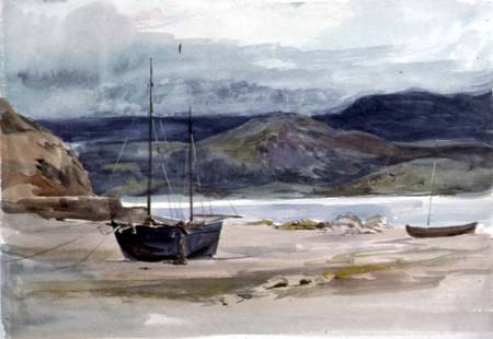 Hilly coast scene with boats à John Absolon