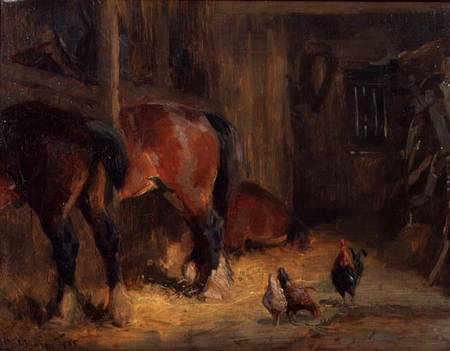 A Stable Interior with Horses and Chickens à John Atkinson