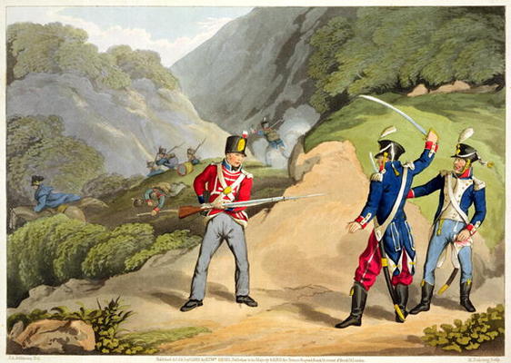 A British Soldier Taking Two French Officers at the Battle of the Pyrenees, engraved by Matthew Dubo à John Augustus Atkinson