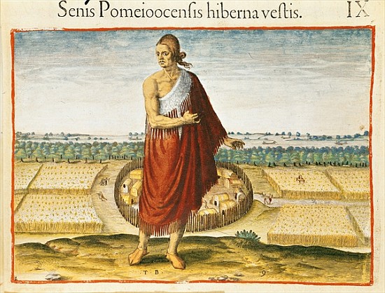 Pomeiooc Elder in a winter garment, from ''Admiranda Narratio'', published  by Theodore de Bry à John Bry Theodore (1528-98) d'après White