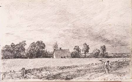 Cottages and road, East Bergholt, pencil à John Constable