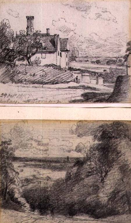 A Manor House, 1815, and Dedham from near Gun Hill, Langham à John Constable