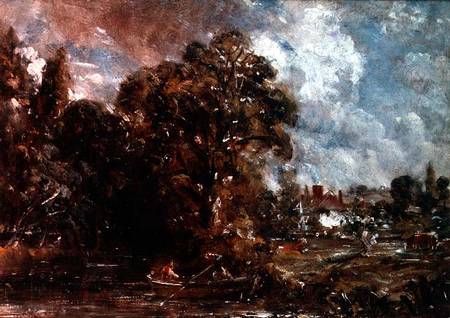 A river scene with a farmhouse near the water's edge à John Constable