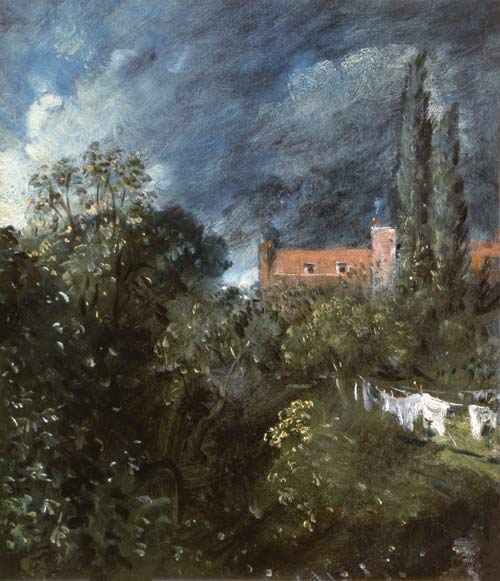 View in a garden with a red house beyond à John Constable
