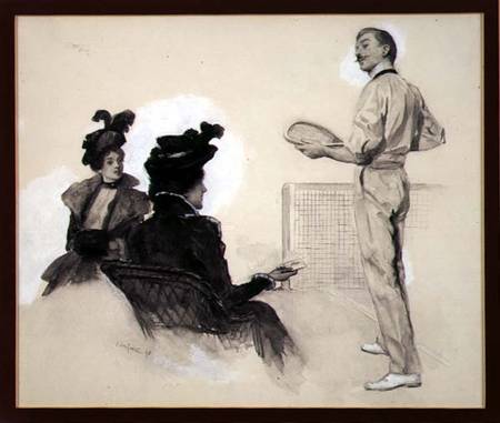 'It was Out!', Two Women Watching a Man Play Tennis, 1898 (gouache, pen and à John da Costa