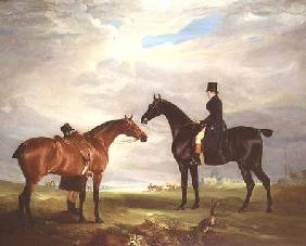 Frank Hall Standish on his Black Hunter with a Groom and a Second Horse