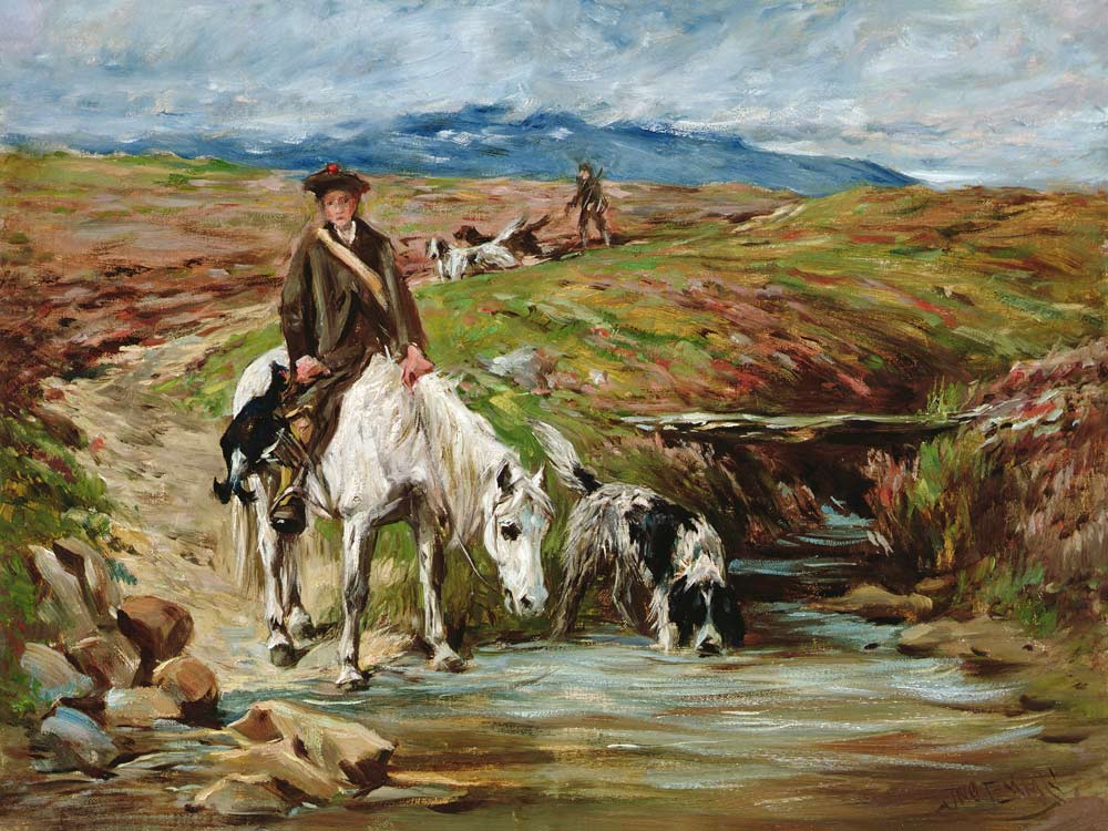 Horse and Spaniel Drinking from a Stream à John Emms