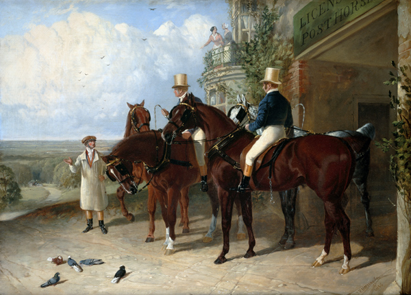 Postillons sur leurs chevaux dans une attente d'une calèche postale à John Frederick Herring l'Ancien