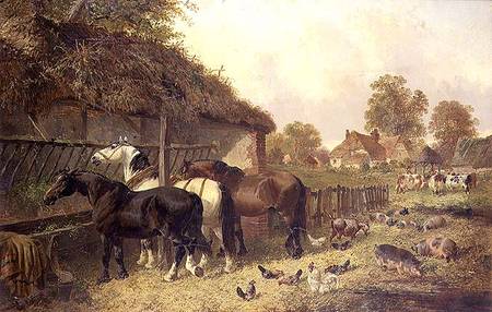 Three Horses at a Manger à John Frederick Herring le Jeune