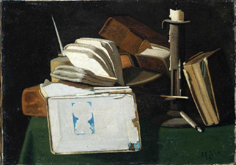 Stillleben mit Büchern und Kerze. à John Frederick Peto