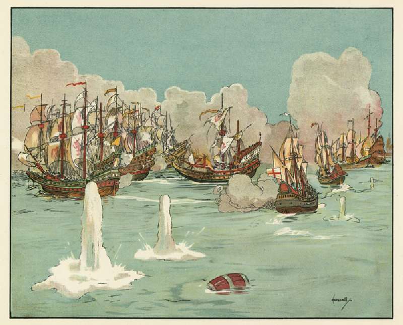 The first days fighting with the invincible Armada (colour litho) à John Hassall