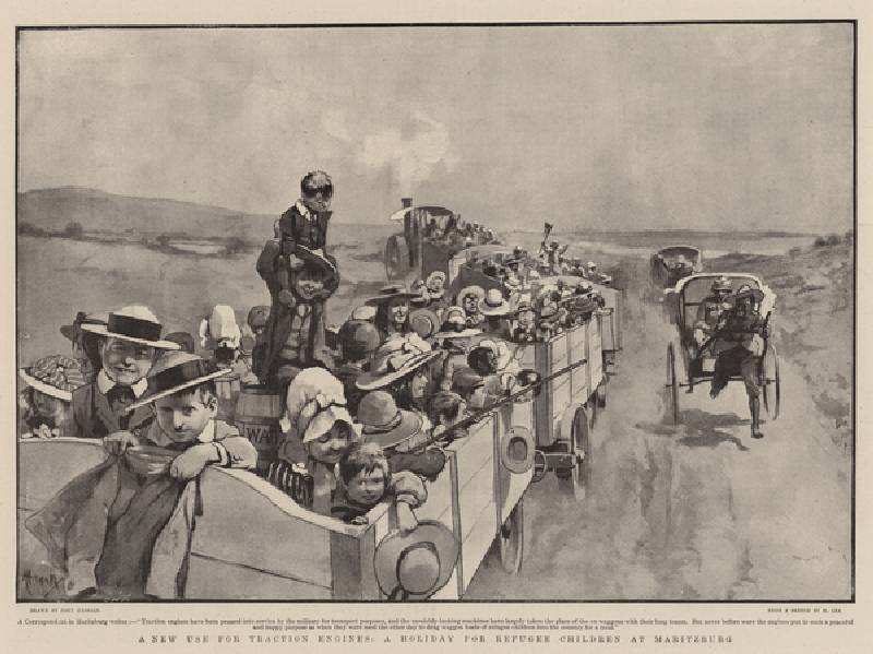 A New Use of Traction Engines, a Holiday for Refugee Children at Maritzburg (litho) à John Hassall