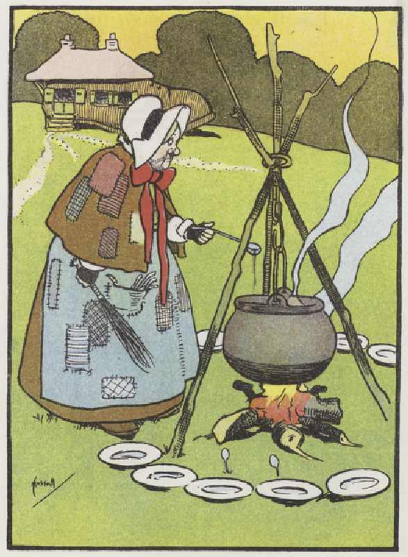 Cooking the broth (colour litho) à John Hassall