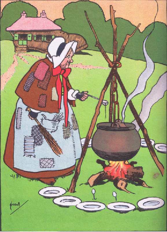 Cooking the broth, from Blackies Popular Nursery Rhymes published by Blackie and Sons Limited, c.192 à John Hassall