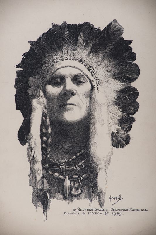 Self Portrait with Indian headdress, 8 March 1939 (pen & ink on board) à John Hassall
