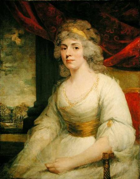 Portrait of Mrs. Billington seated, three quarter length in a white dress à John Hoppner