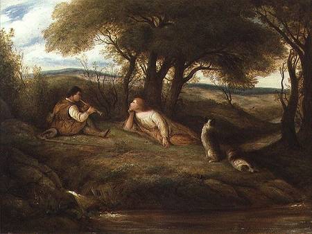 Young Man Playing Music to a Shepherd and his Dogs à John Linnell