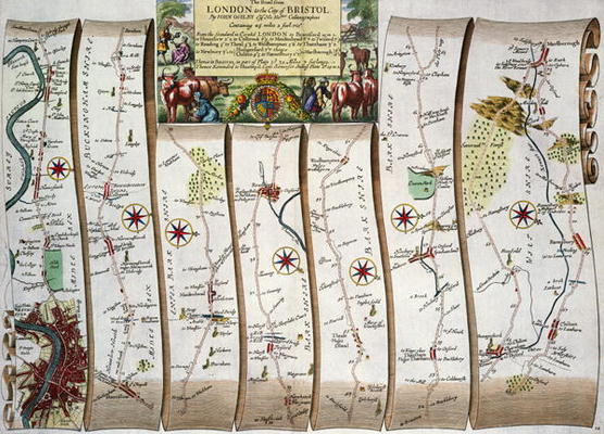 Road from London to Bristol, from John Ogilby's 'Britannia', published London, 1675 (hand-coloured e à John Ogilby