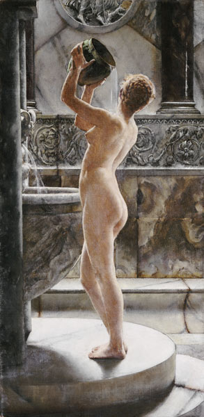 ''The Bath'': Green Pot, Golden Hair; Brown And Grey Marble à John Reinhard Weguelin