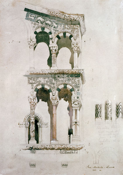 Detail of the facade of San Michele in Foro, Lucca, 1845 (w/c on paper) à John Ruskin