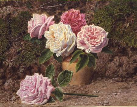 Roses in an Earthenware Vase by a Mossy Bank à John Sherrin