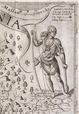 Susquehannock warrior, detail from Map of Virginia, engraved by William Hole (fl. 1607-24), publishe à John Smith