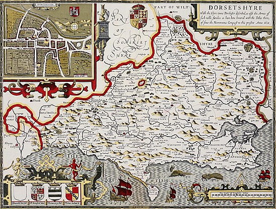 Dorsetshire; engraved by Jodocus Hondius (1563-1612) from John Speed''s Theatre of the Empire of Gre à John Speed