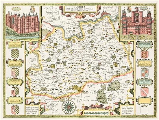 Map of Surrey; engraved by Jodocus Hondius (1563-1612) from John Speed''s Theatre of the Empire of G à John Speed